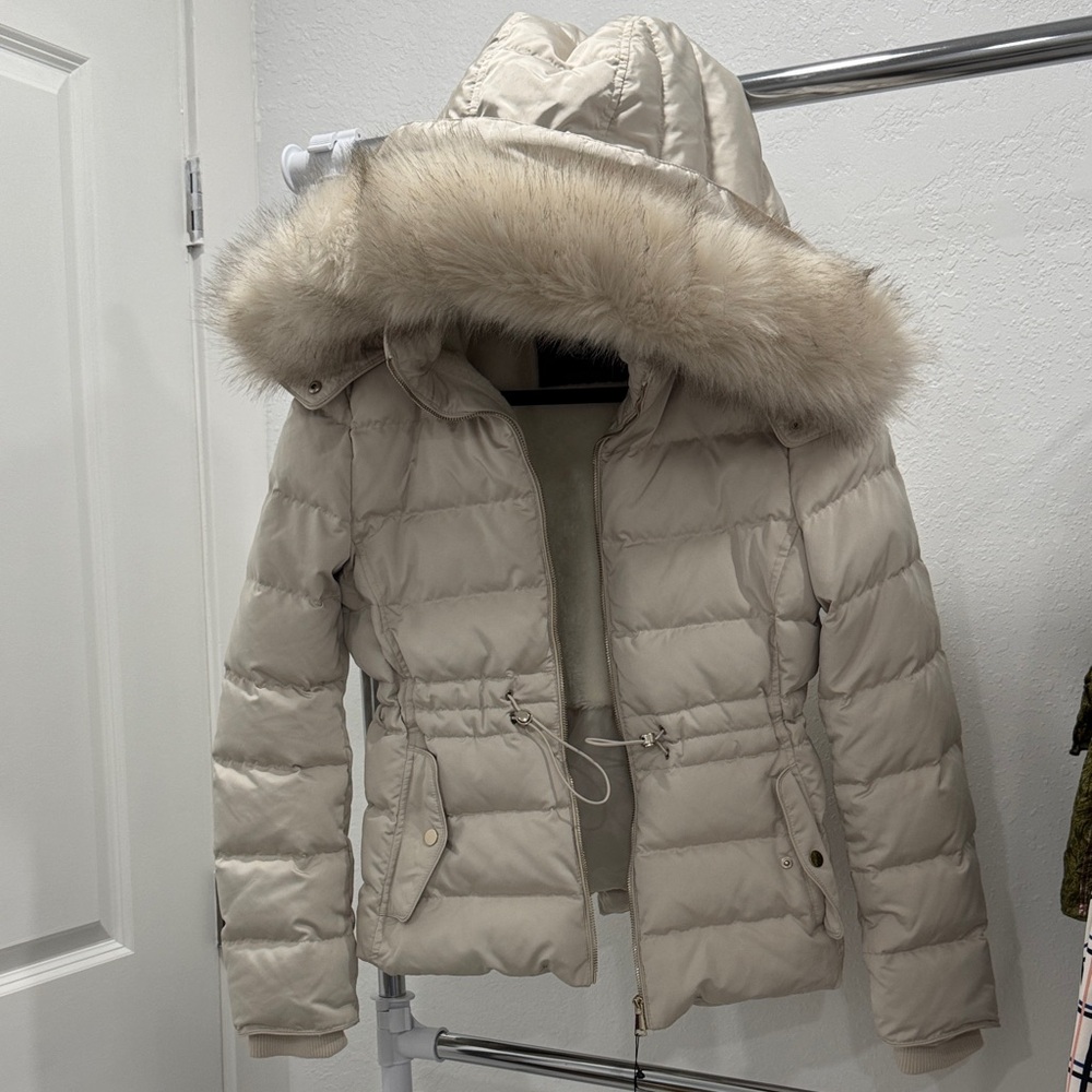 Zara Cream Puffer Jacket with Fur Trim